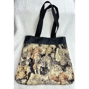 Vintage leather trim cat canvas tote